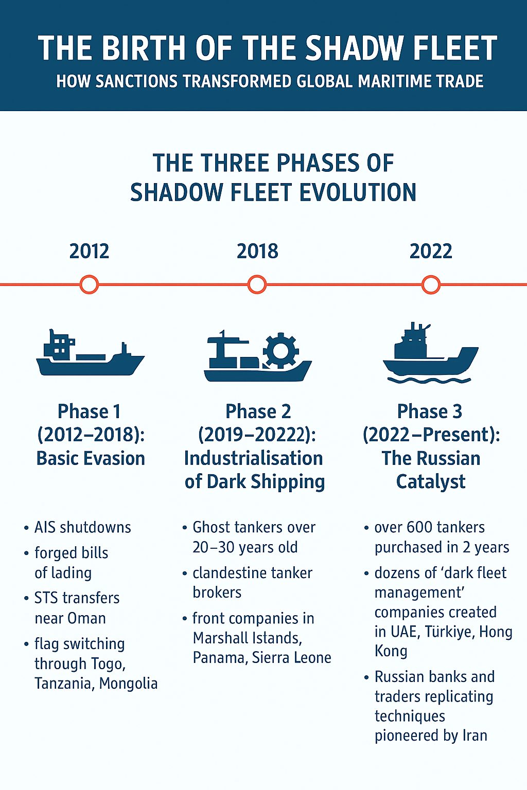 Timeline infographic showing major events that led to the rise of Iran’s “Shadow Fleet,” highlighting sanctions, tanker acquisitions, and covert maritime strategies