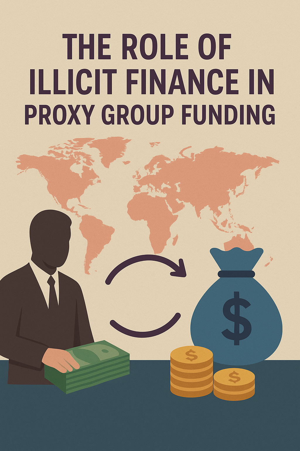 An infographic showing global methods used to trace, monitor, and disrupt illicit financial flows to regional proxy groups.
