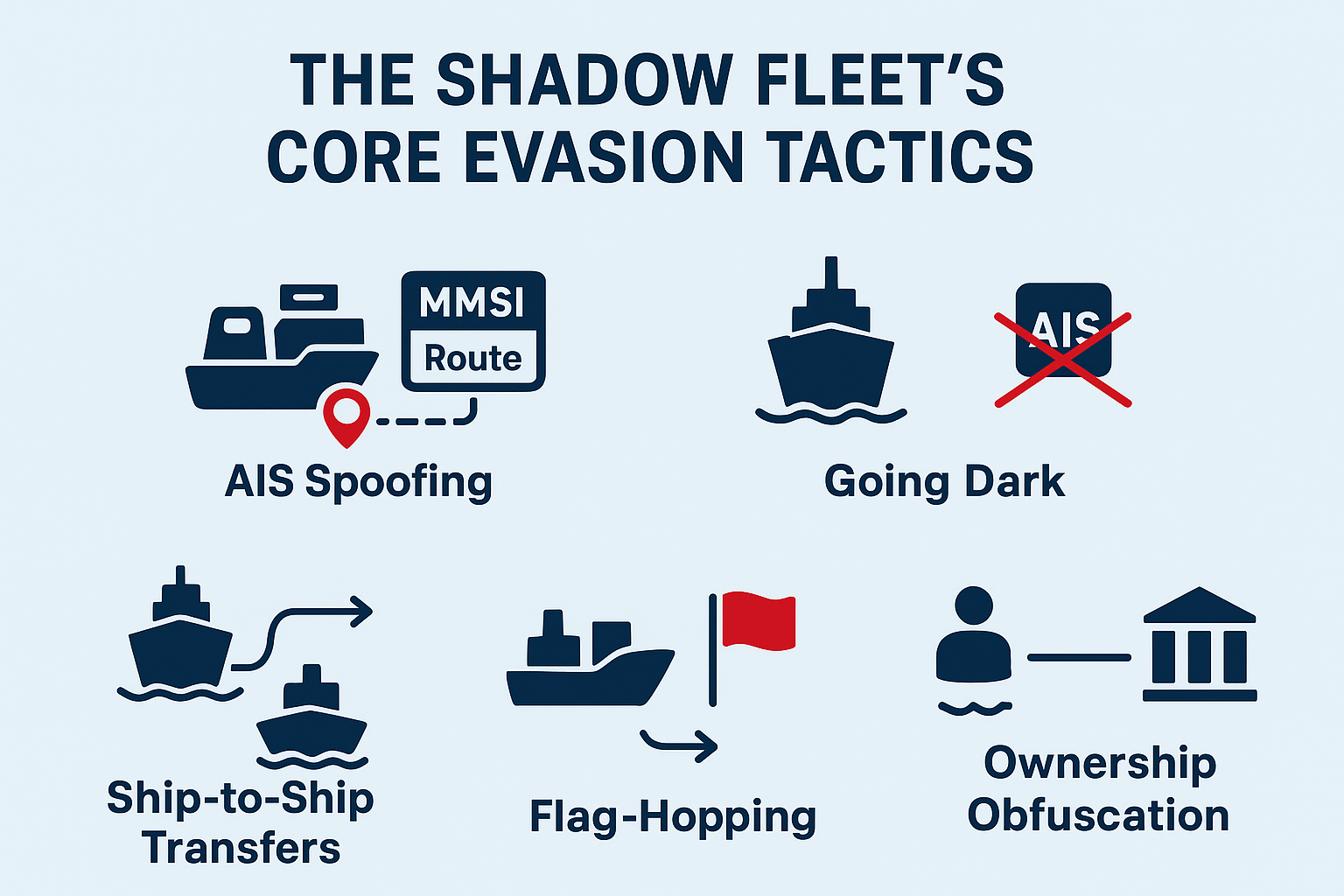 Diagram illustrating the components of the Shadow Fleet, including aging tankers, reflagged vessels, shell companies, and opaque ownership structures