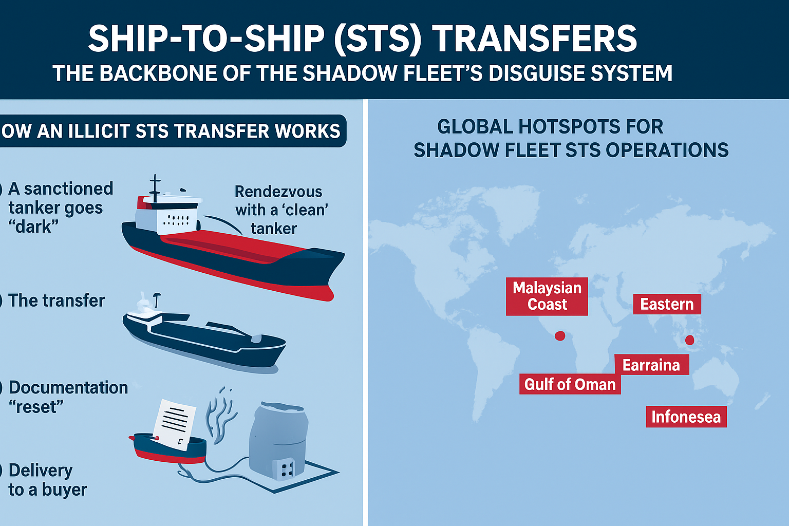 Educational graphic demonstrating how STS (ship-to-ship) transfers conceal the origin of sanctioned oil through nighttime operations and offshore meeting points