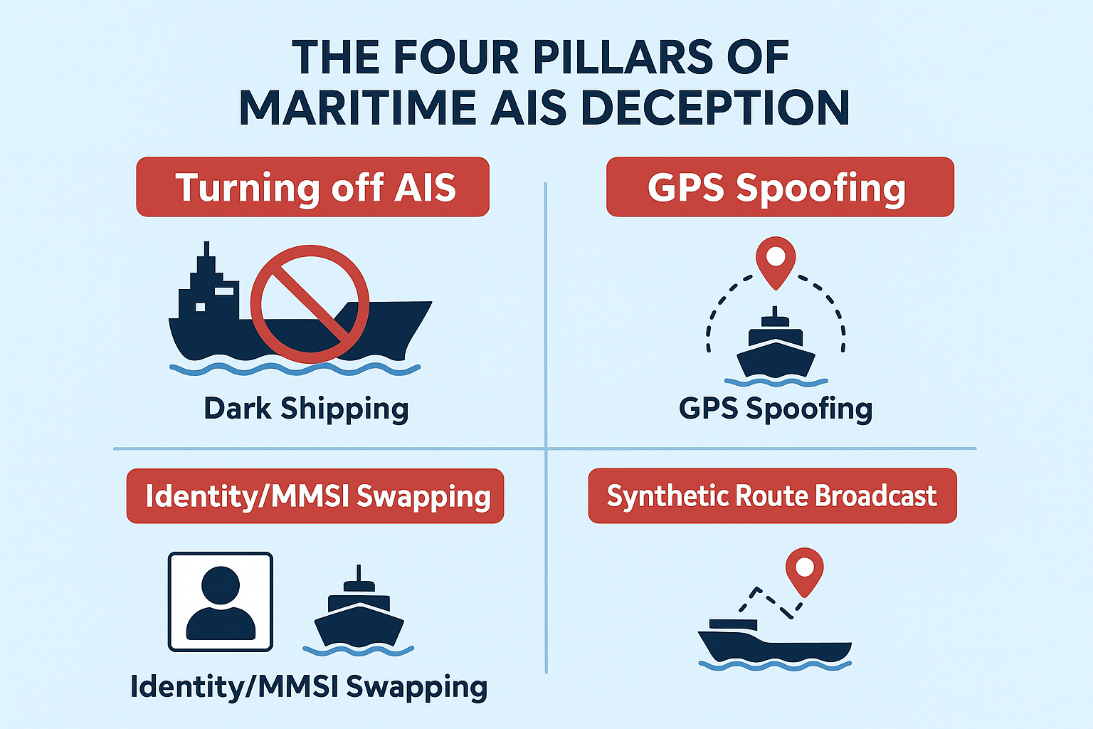 Infographic outlining four main maritime deception tactics: AIS spoofing, dark shipping, flag hopping, and document forgery