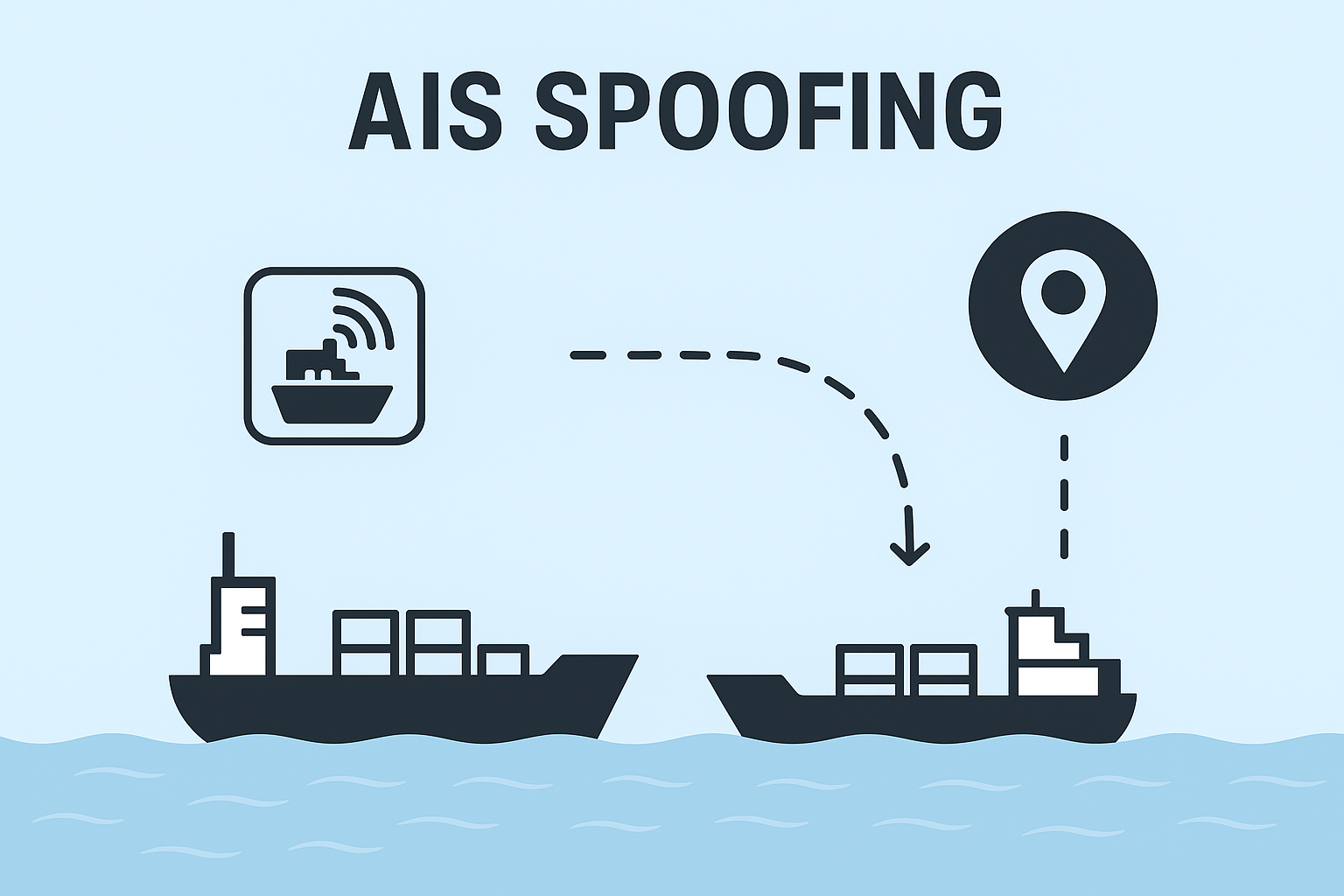 Illustration showing how AIS spoofing manipulates a vessel’s GPS signals to display false locations, identities, or routes