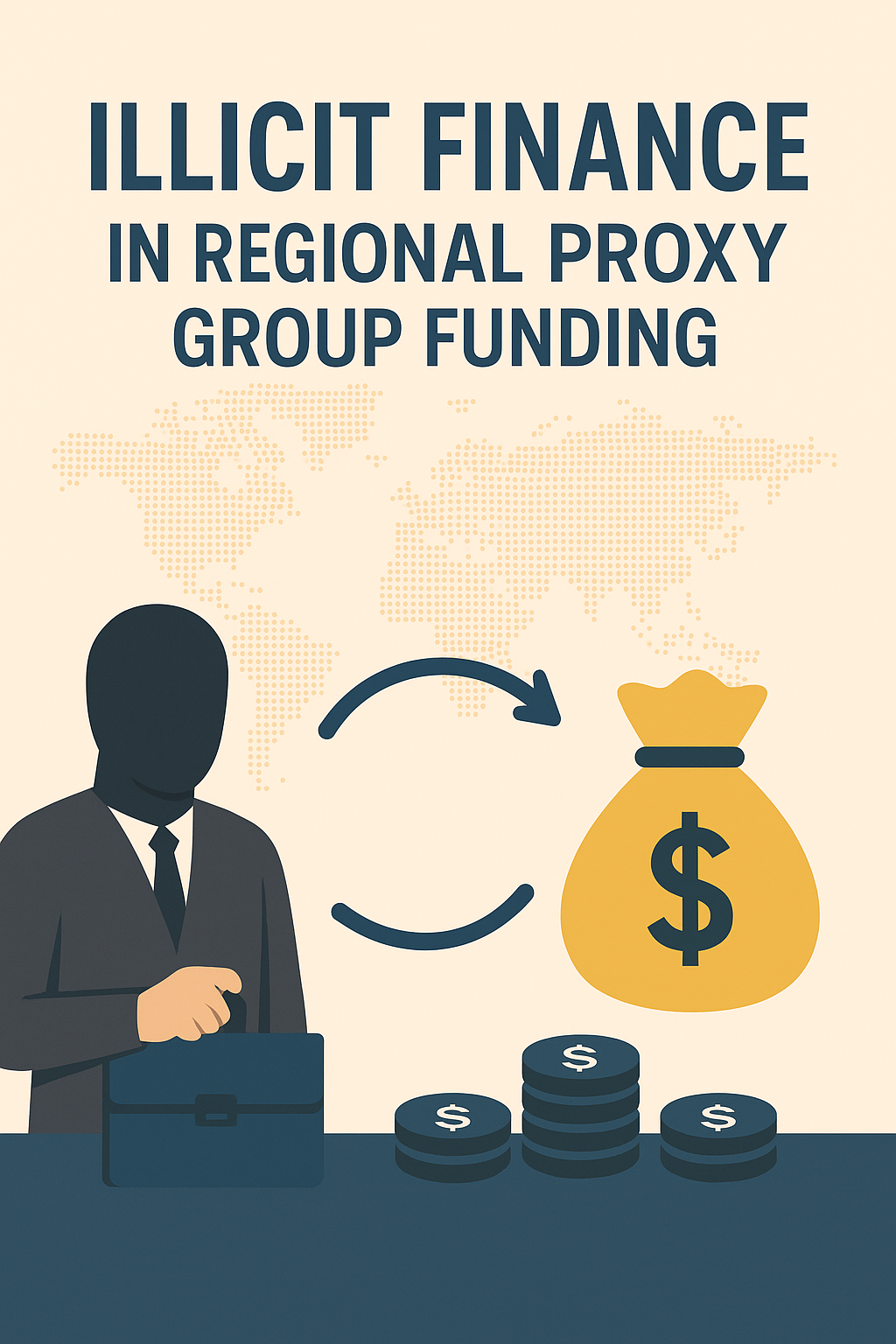 An infographic illustrating how front companies and shell corporations facilitate covert financial transfers to regional proxy groups.
