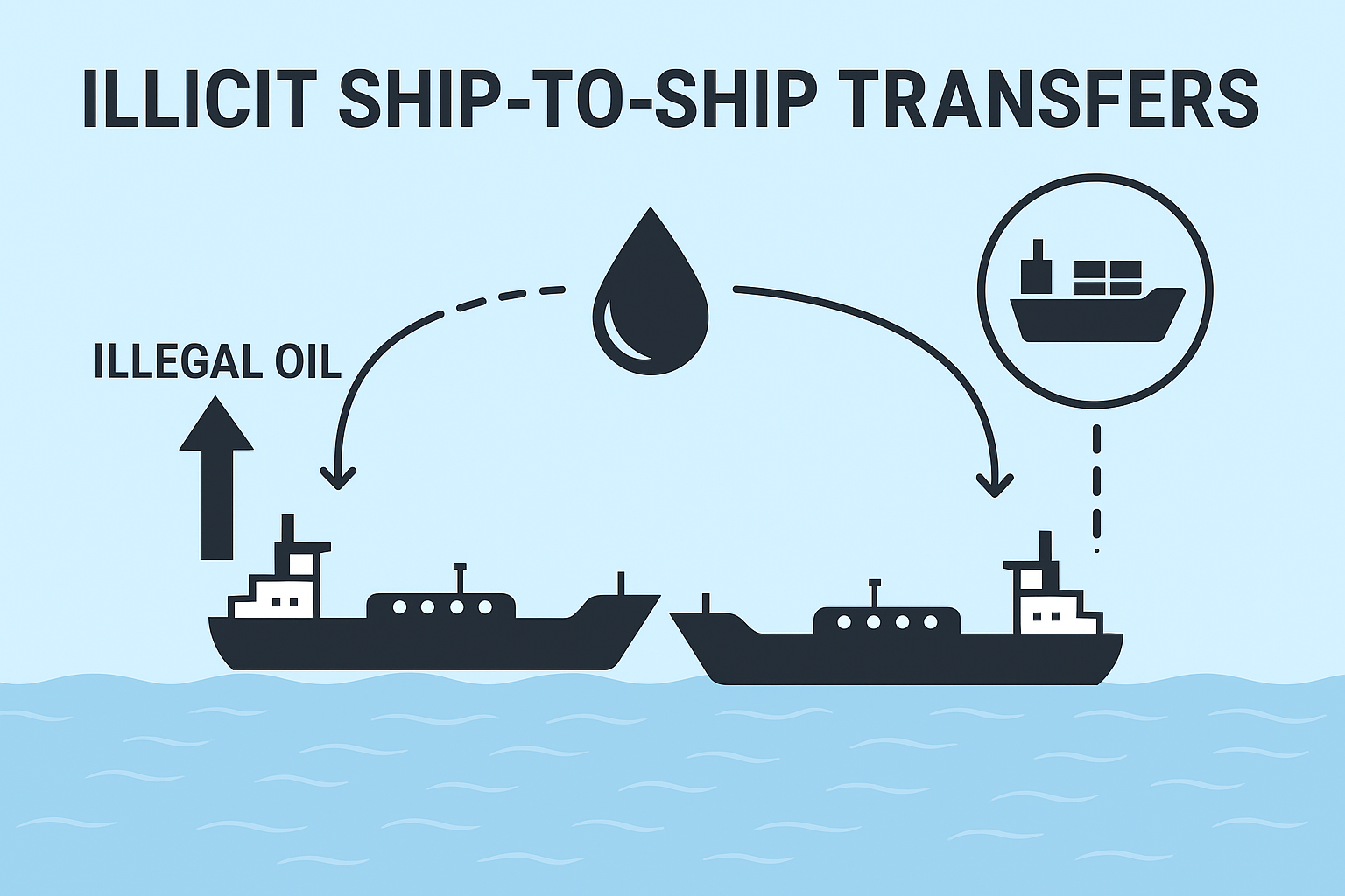 Map-style infographic showing the global hotspots where illicit ship-to-ship operations and dark-shipping patterns are most frequently detected