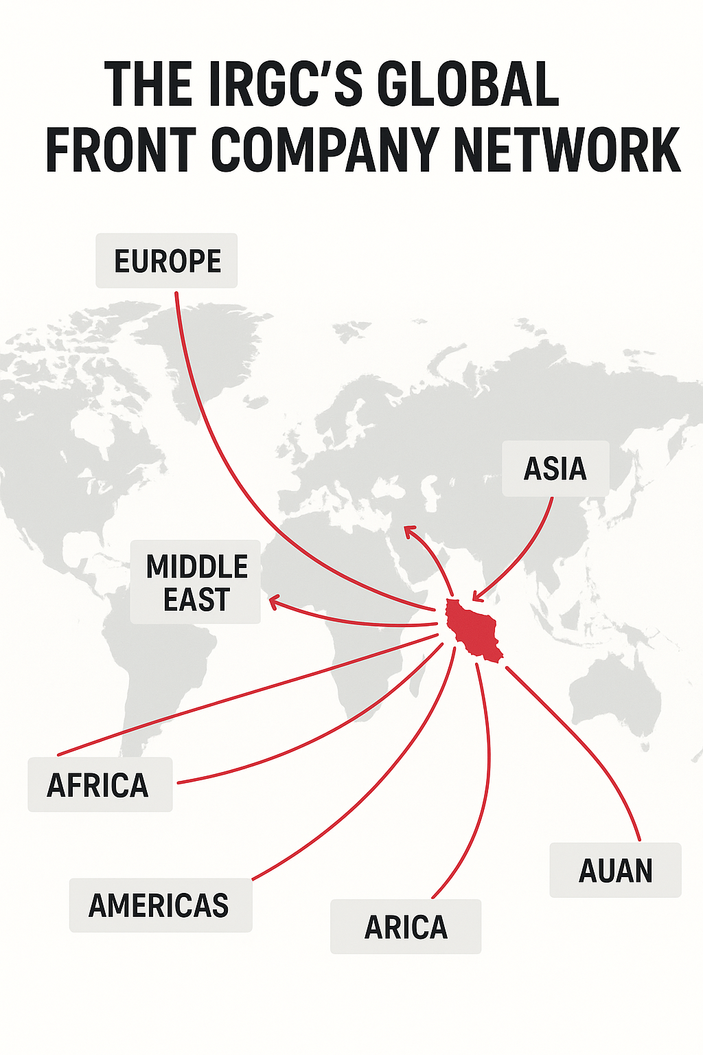 A digital infographic illustrating the global network of IRGC front companies across Asia, Europe, and the Middle East, showing interconnected trade routes, shell companies, and offshore financial hubs
