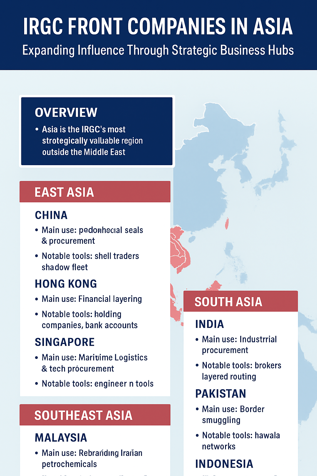 Data visualization map highlighting major IRGC-linked hubs in Asia, including China, Hong Kong, Singapore, India, Pakistan, Malaysia, and Indonesia