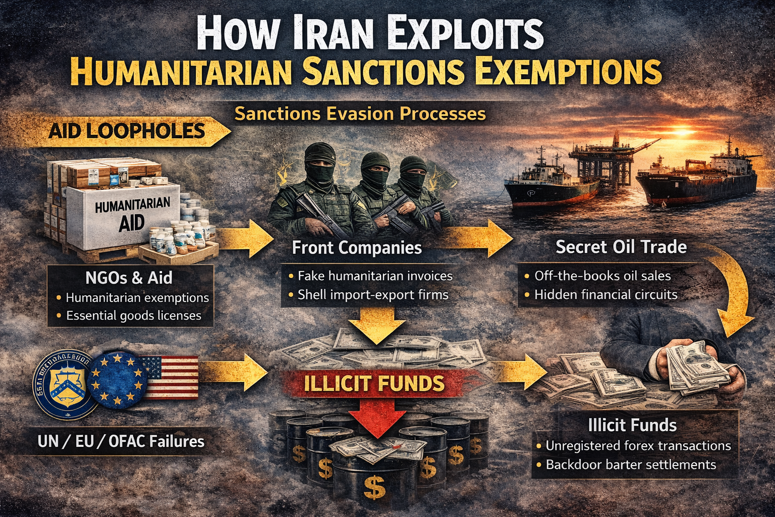 Infographic showing how Iran exploits humanitarian sanctions exemptions through NGOs, front companies, and illicit financial flows.