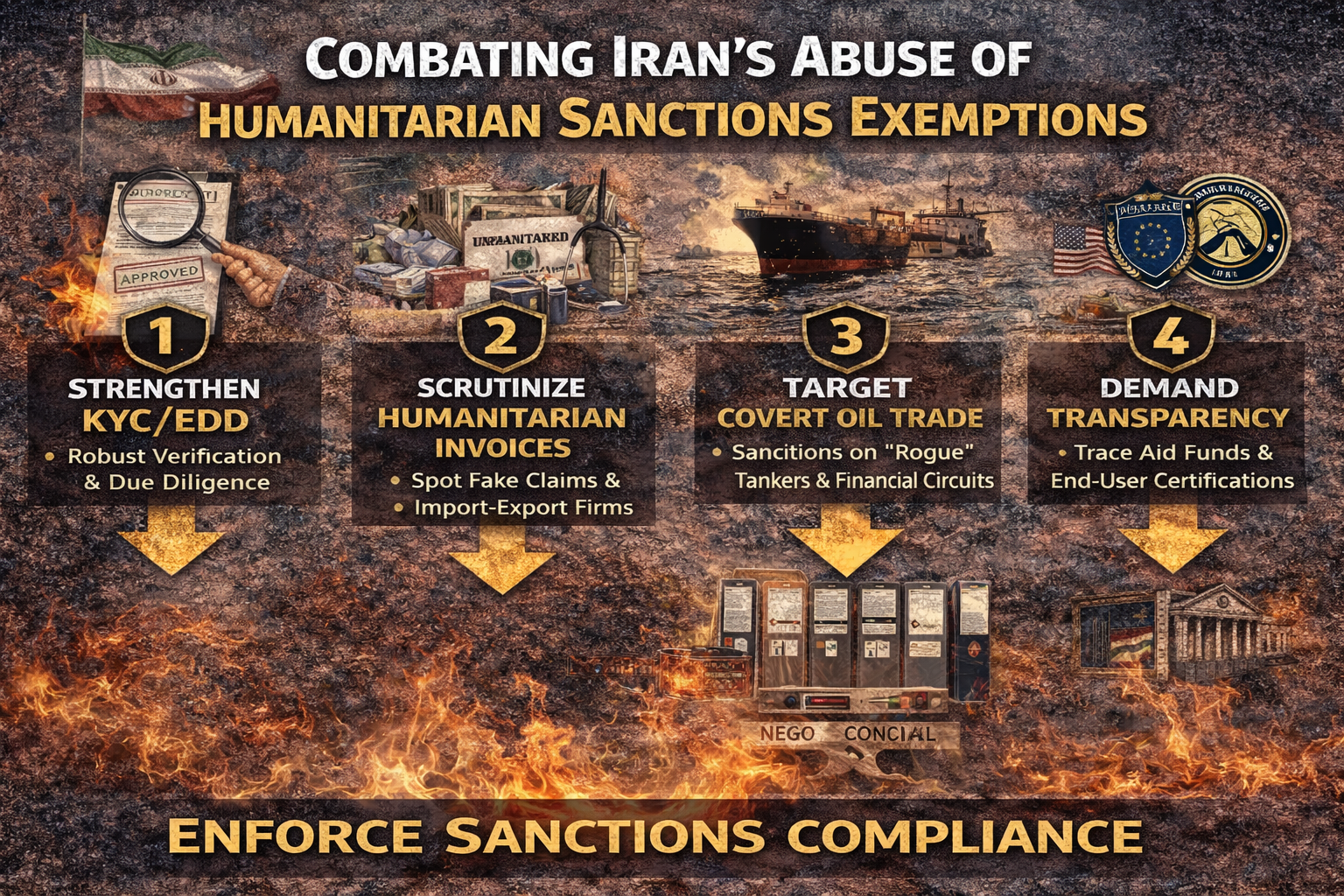 Infographic showing policy measures to combat Iran’s abuse of humanitarian sanctions exemptions, including KYC enforcement, invoice scrutiny, and transparency requirements.