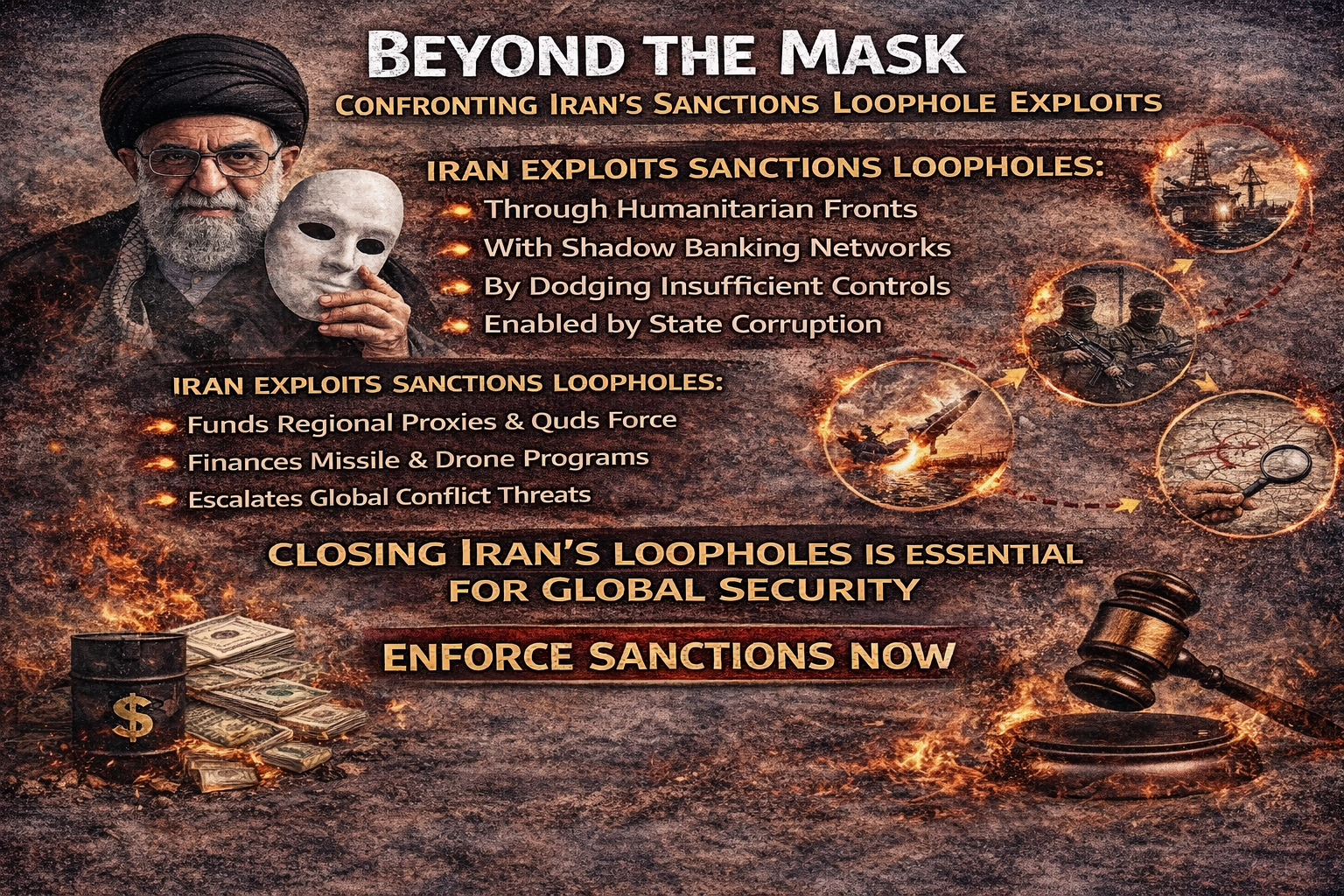 Infographic exposing Iran’s exploitation of humanitarian sanctions loopholes, showing Supreme Leader Ali Khamenei holding a mask, with visuals of shadow banking, proxy militias, illicit finance, and global security threats.