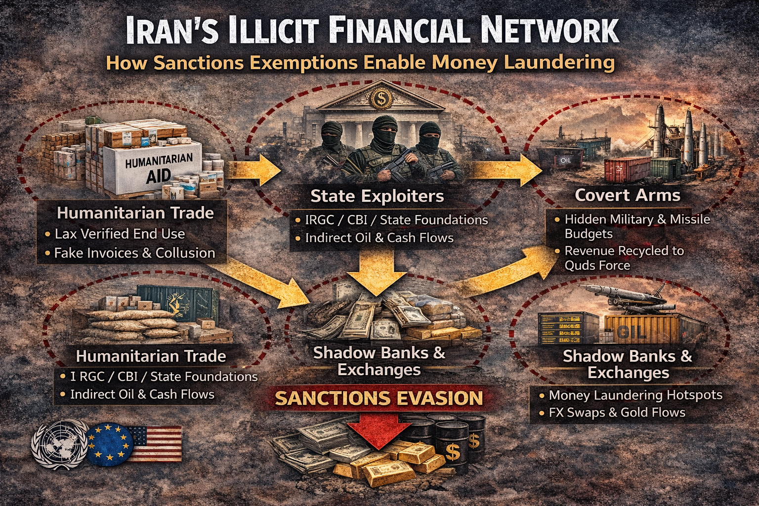 Infographic showing how Iran uses humanitarian trade channels and shadow banking networks to launder money and finance sanctioned activities.