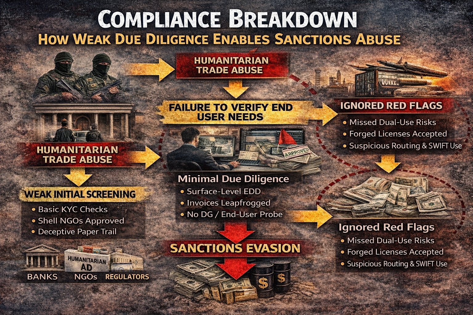 Compliance failures enabling Iran’s abuse of humanitarian sanctions exemptions, including weak KYC, failed due diligence, and ignored red flags