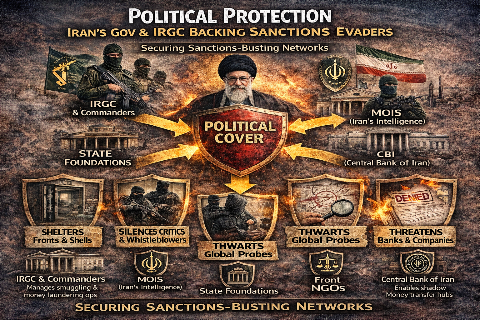 Infographic showing how Iran’s government institutions and the IRGC provide political protection to sanctions evasion networks through state foundations, intelligence services, and the central bank.