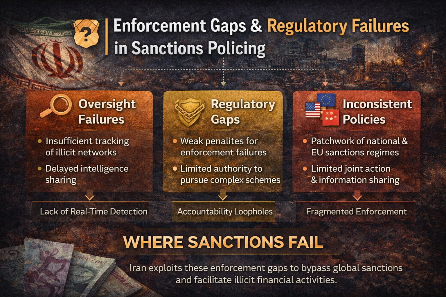 Enforcement gaps and regulatory failures in sanctions policing enabling Iran’s sanctions evasion through oversight failures and inconsistent international policies