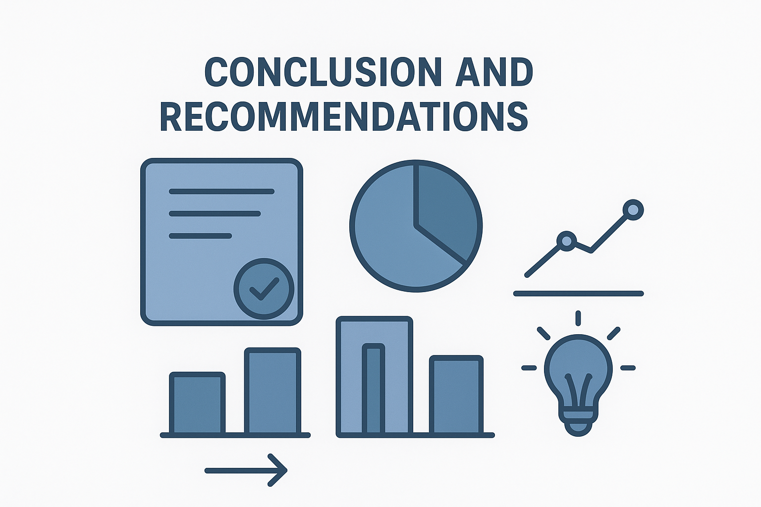 A minimalist infographic showing charts, checklists, and a lightbulb representing key findings and policy recommendations.