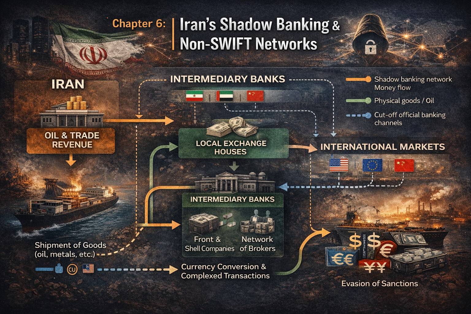 Diagram illustrating Iran’s shadow banking system and non-SWIFT financial networks used to bypass international sanctions.