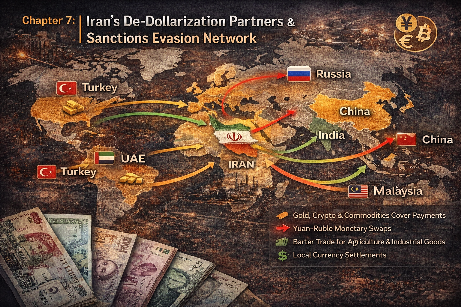 Iran’s de-dollarization partners and sanctions evasion network showing financial routes to China, Russia, Turkey, UAE, and Malaysia using gold, barter trade, and local currencies