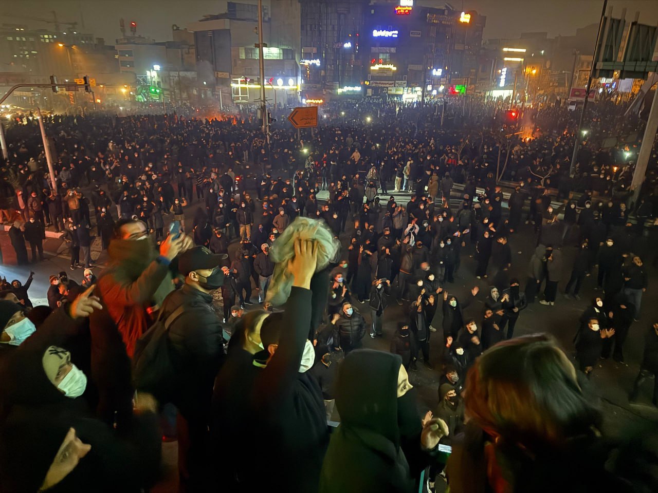Large crowd gathered during anti-government protests in Iran at night