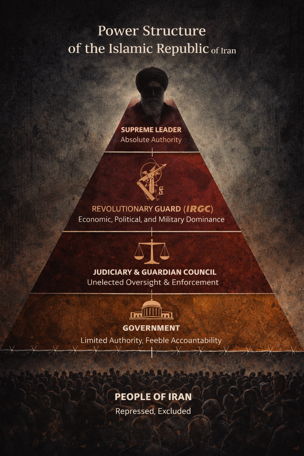 Power structure of the Islamic Republic of Iran showing the Supreme Leader, IRGC, unelected institutions, government, and the Iranian people at the base