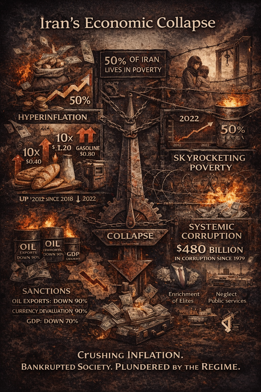 Infographic illustrating Iran’s economic collapse: hyperinflation, soaring poverty, currency devaluation, sanctions impact, systemic corruption, and public suffering under the regime