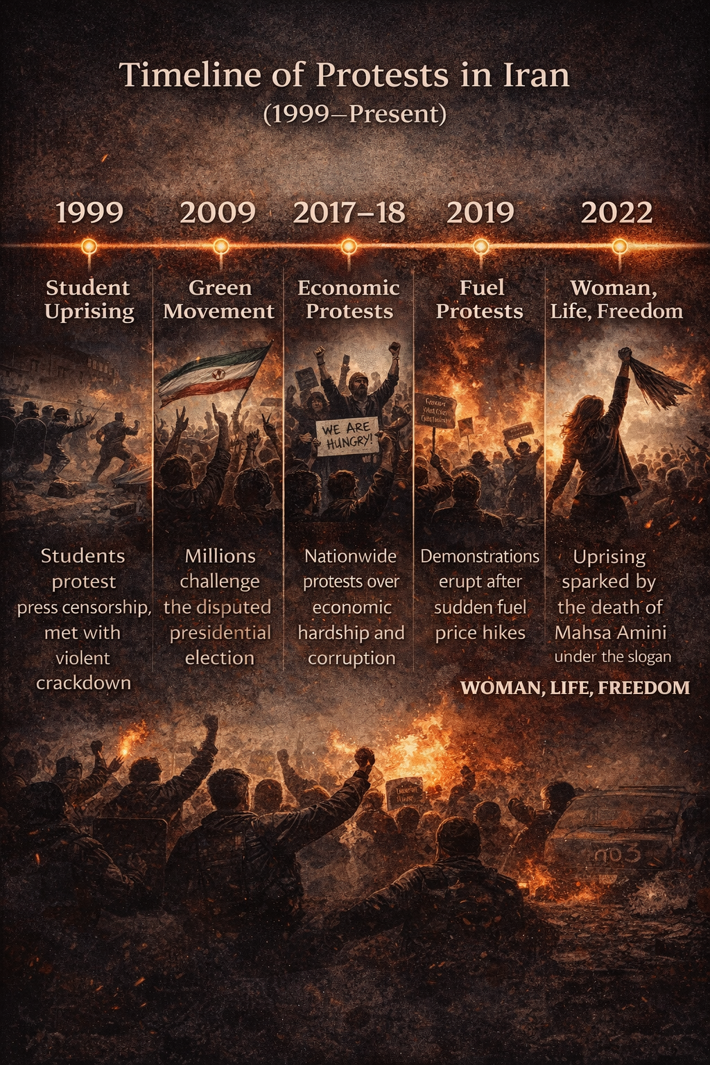 Timeline of major protests in Iran from 1999 to 2022, including student uprisings, the Green Movement, economic protests, fuel protests, and the Woman, Life, Freedom movement