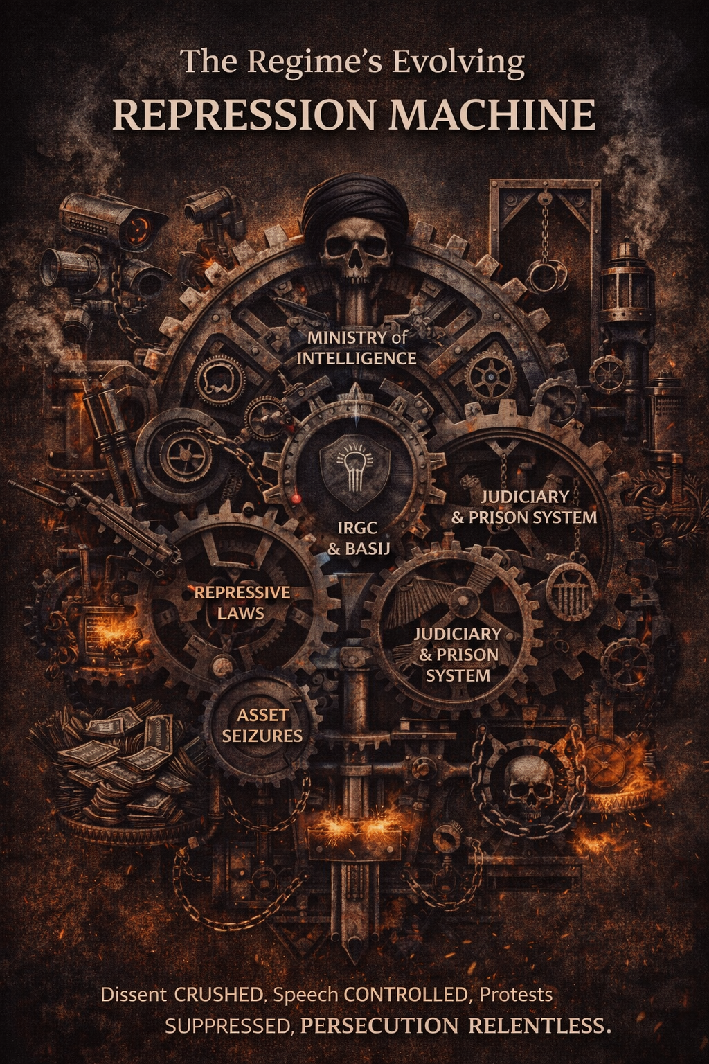 Illustrative infographic of the Islamic Republic of Iran’s repression machine, showing the IRGC, Ministry of Intelligence, Judiciary, prisons, repressive laws, asset seizures, and state surveillance