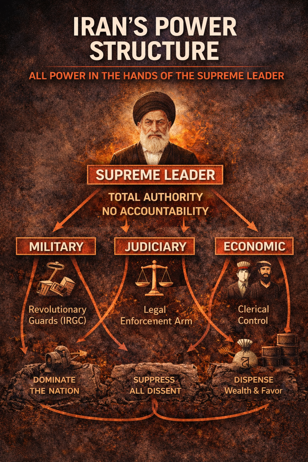 Iran’s power structure showing all political, military, judicial, and economic authority concentrated under the Supreme Leader, highlighting systemic repression and lack of accountability.