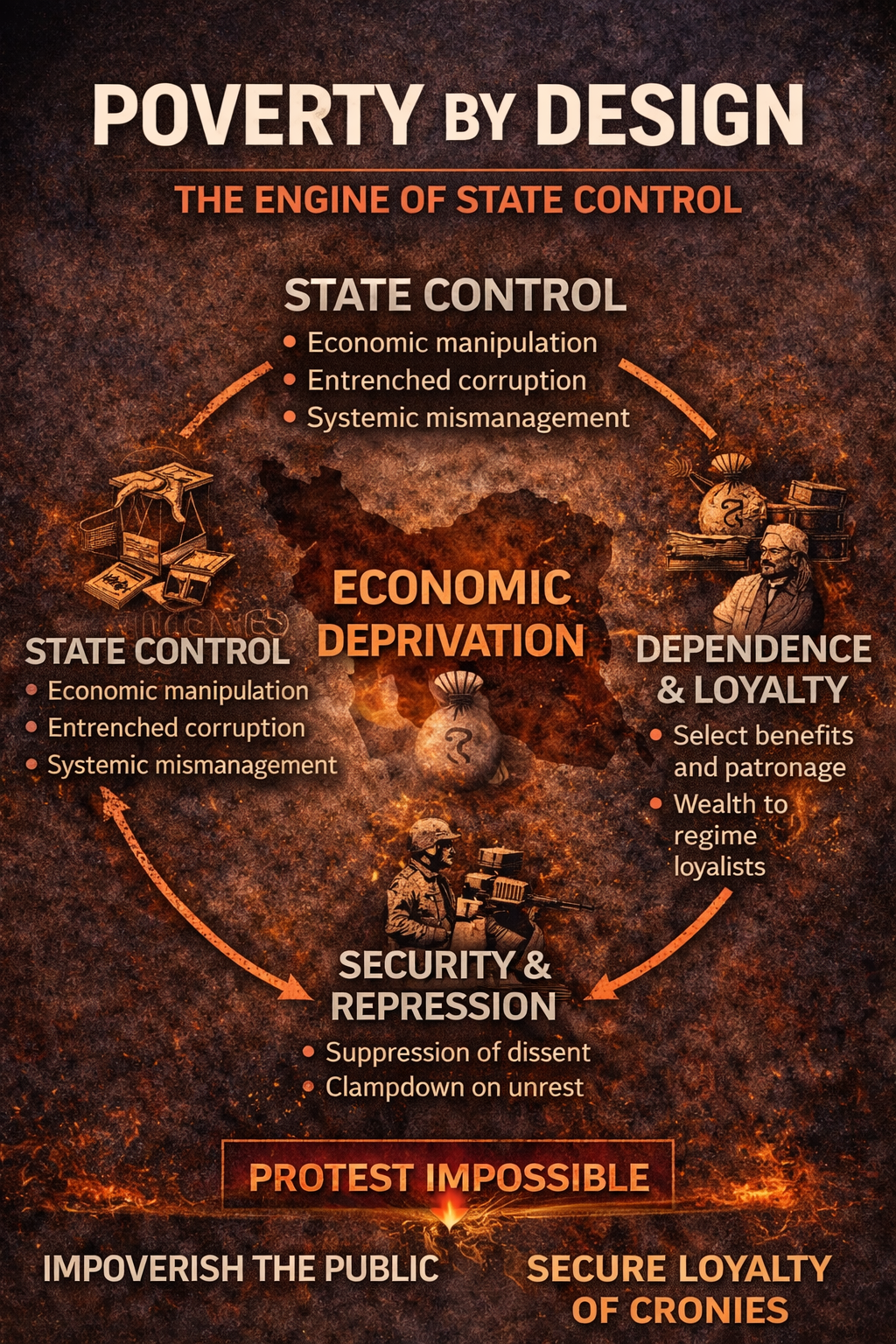 Poverty by design infographic showing how economic deprivation, corruption, and repression are used by the Islamic Republic to maintain control.