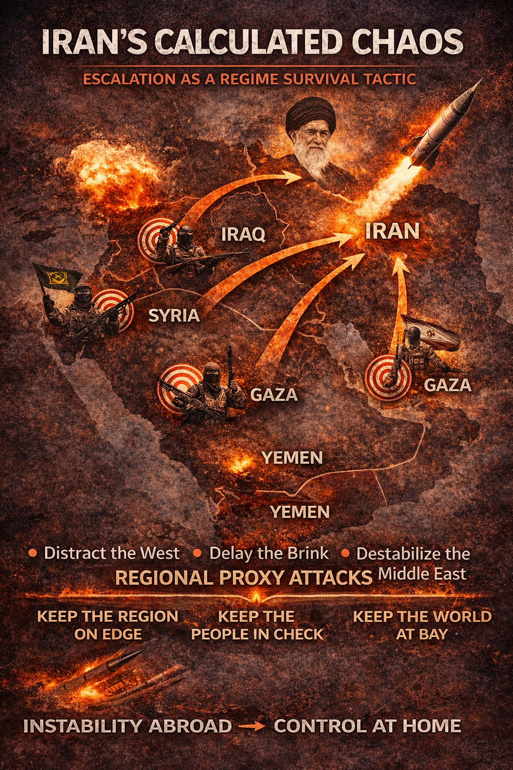 Infographic showing how the Islamic Republic uses regional proxy conflicts to sustain repression and distract from nationwide protests in Iran.