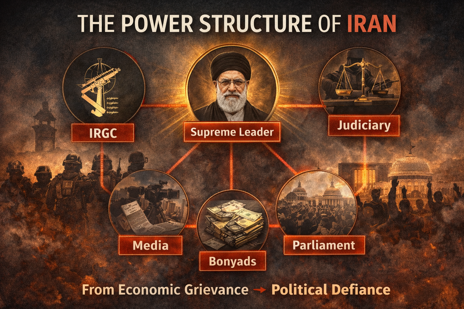 Power structure of the Islamic Republic showing the Supreme Leader controlling IRGC, judiciary, media, bonyads, and parliament