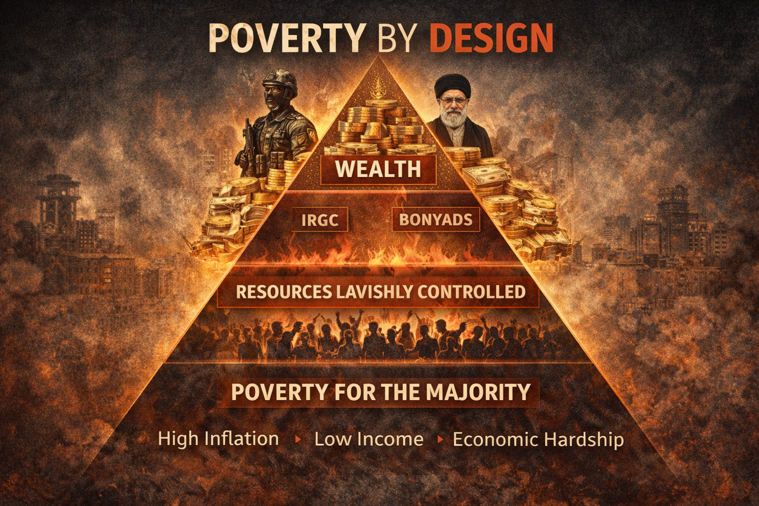 Poverty by design in Iran showing IRGC and bonyads controlling wealth while the majority faces inflation and economic hardship