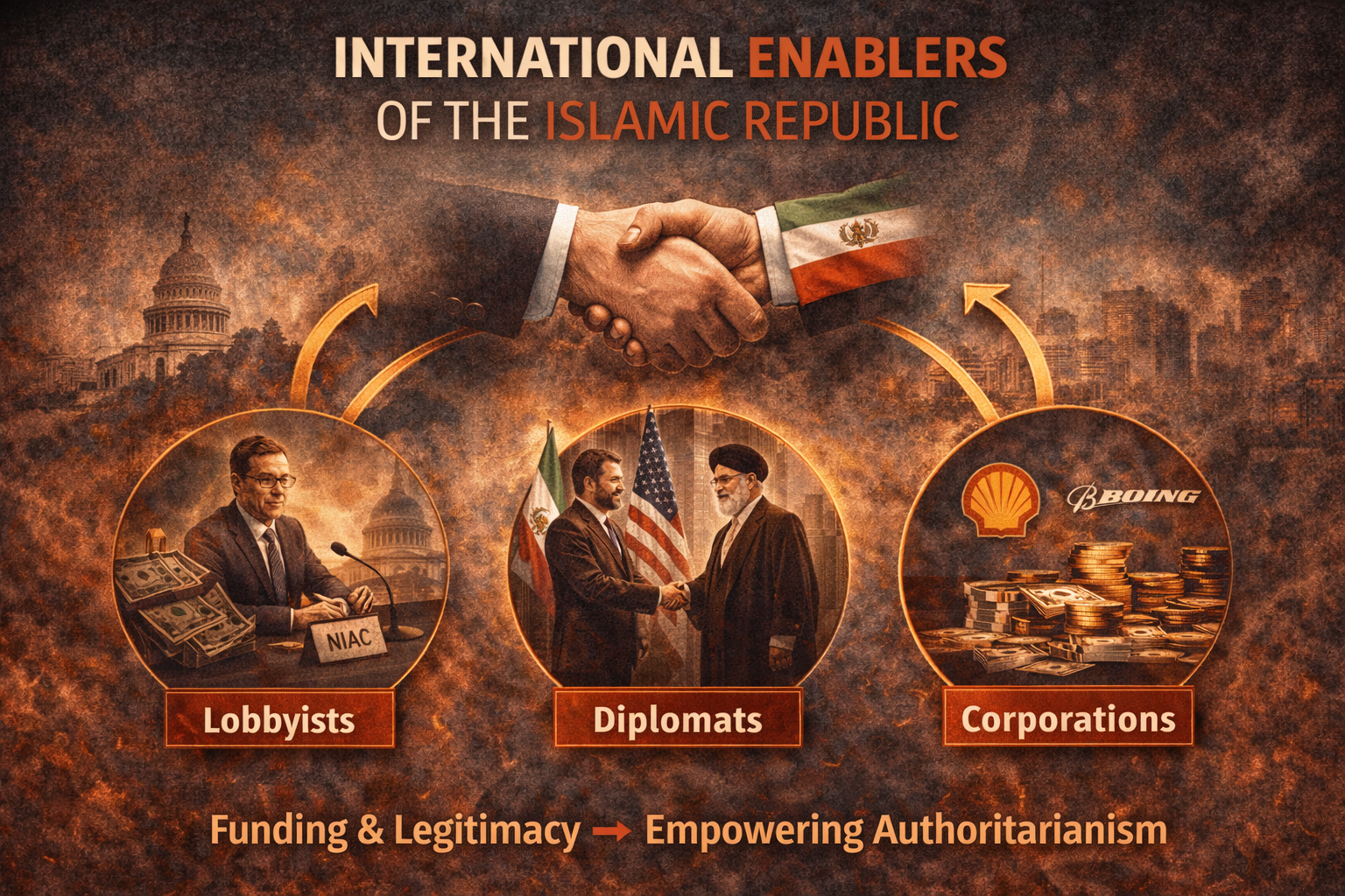 International enablers of the Islamic Republic showing lobbyists, diplomats, and corporations supporting Iran’s regime through political influence and economic ties
