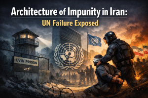Architecture of impunity in Iran showing Evin Prison, UN headquarters and repression scene