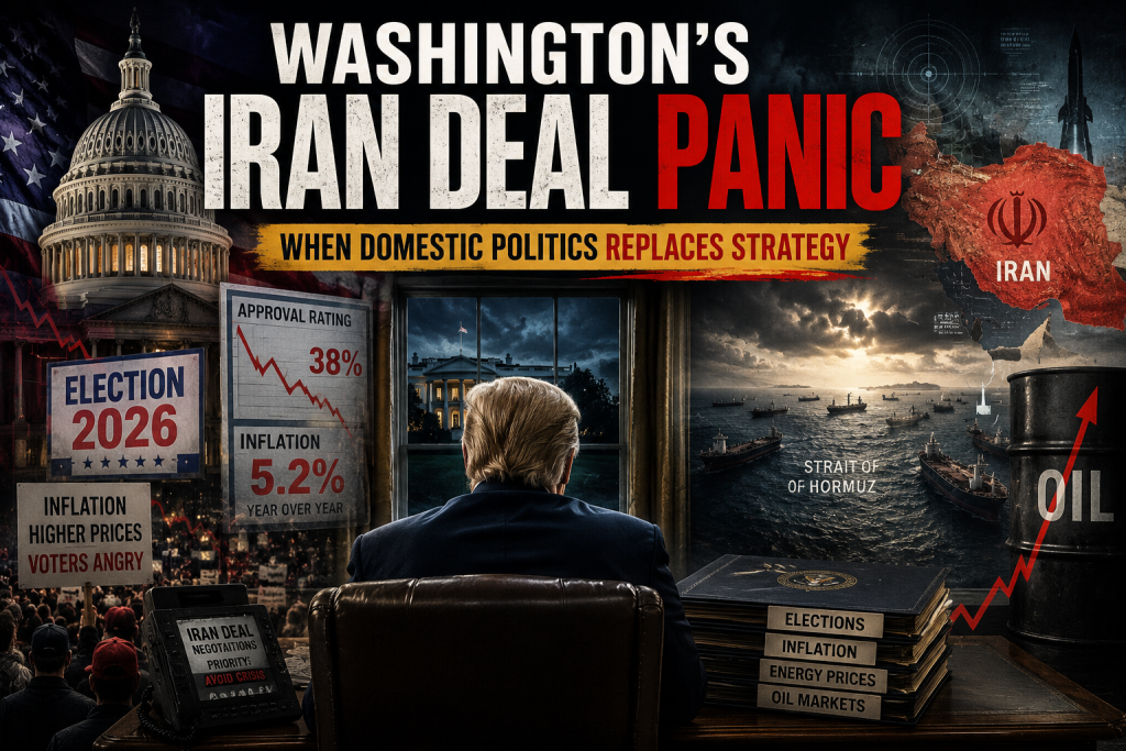 Political editorial graphic showing Washington, Iran, oil markets, the Strait of Hormuz, election pressure, inflation, and a leader facing strategic crisis.