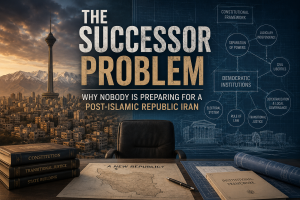 Conceptual illustration of a post-Islamic Republic Iran, showing Tehran alongside institutional blueprints, constitutional frameworks and transition planning concepts featured in The Successor Problem investigation by IranSTO.