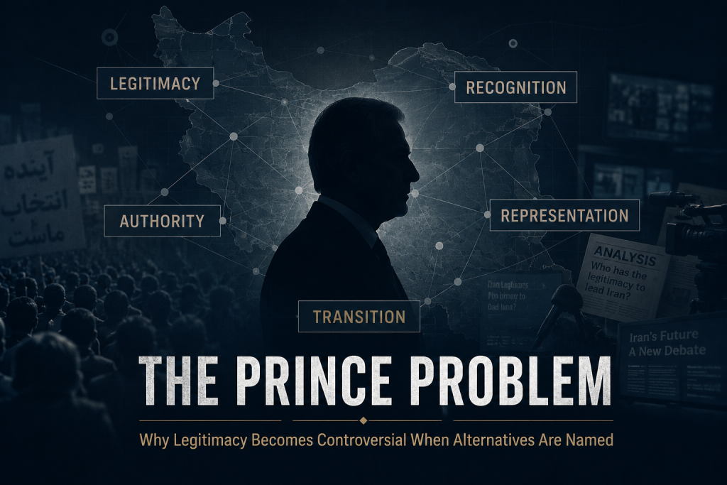 Conceptual illustration of Reza Pahlavi in silhouette against a faded map of Iran, surrounded by a network labelled legitimacy, authority, recognition, representation and transition.