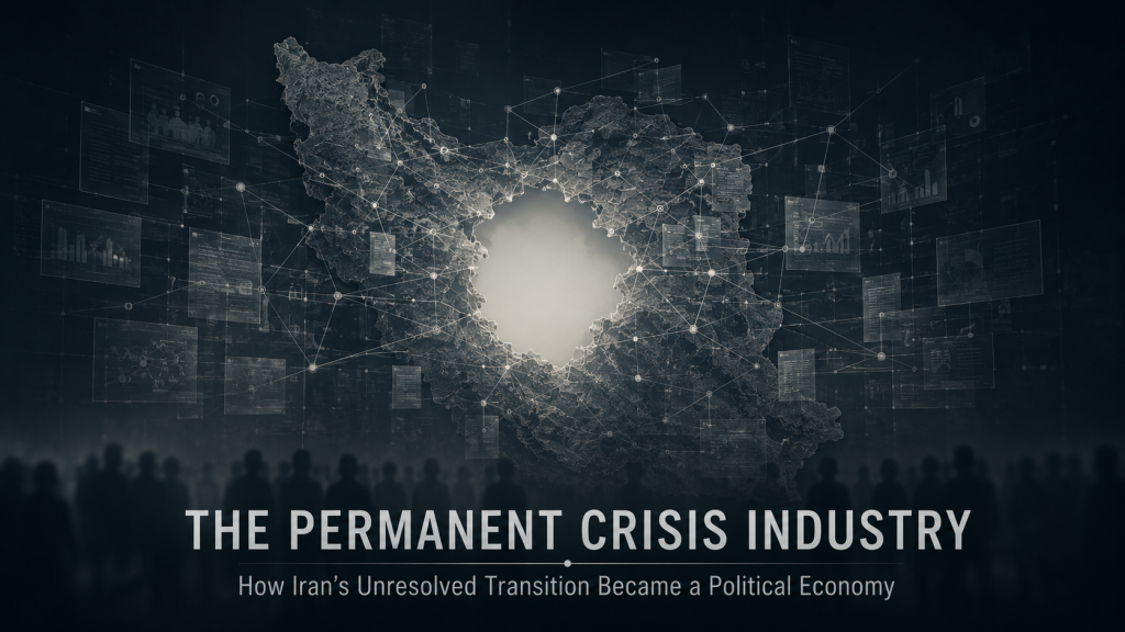Abstract map of Iran surrounded by a network of policy, media and donor connections, illustrating the permanent crisis industry around Iran’s unresolved transition