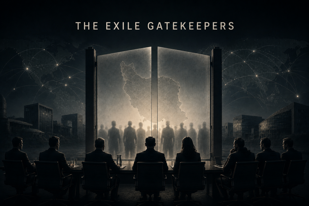 Dark institutional boardroom facing a frosted glass gate with a map of Iran and blurred Iranian silhouettes behind it. Iranian diaspora gatekeepers