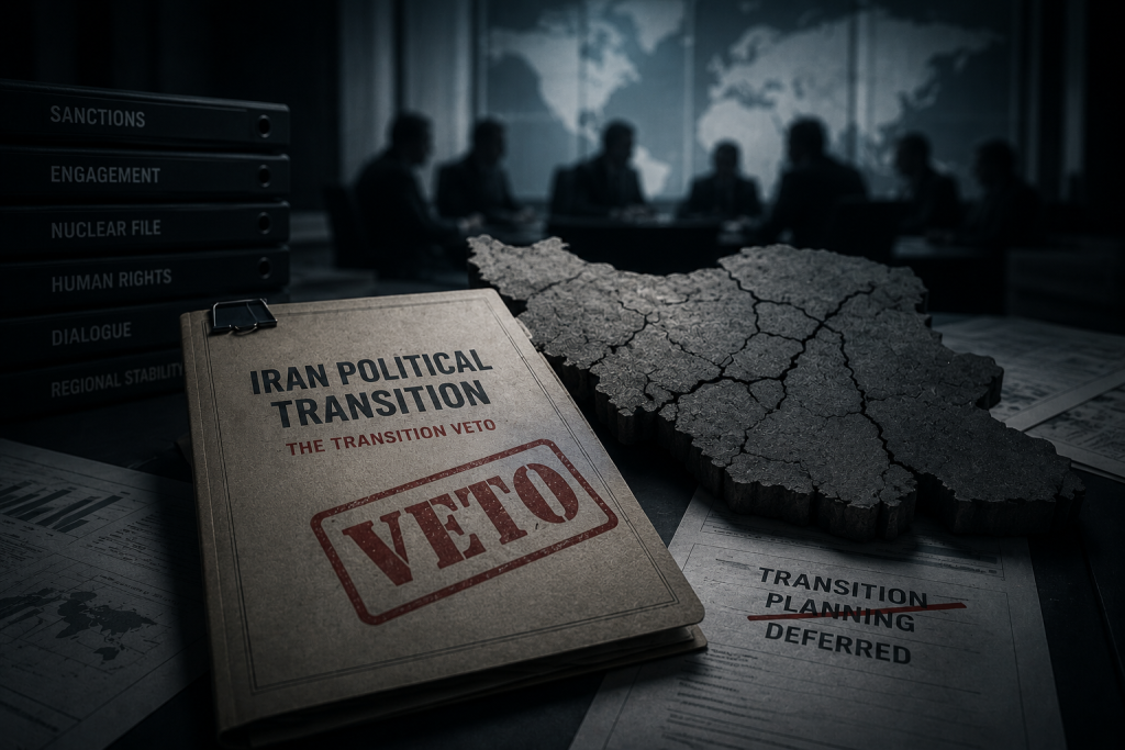 The Transition Veto concept illustrating Iran political transition blocked by international policy, featuring a veto-stamped transition dossier and a fractured map of Iran.